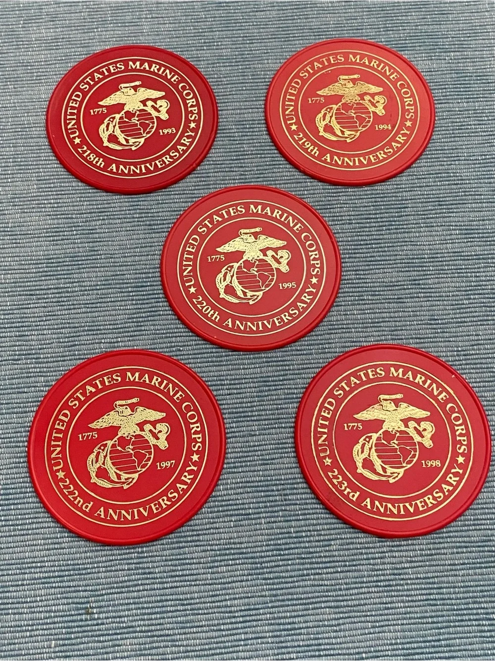 United States Marine Corps Commemorative Round Coasters - Red & Gold (Set of 5)